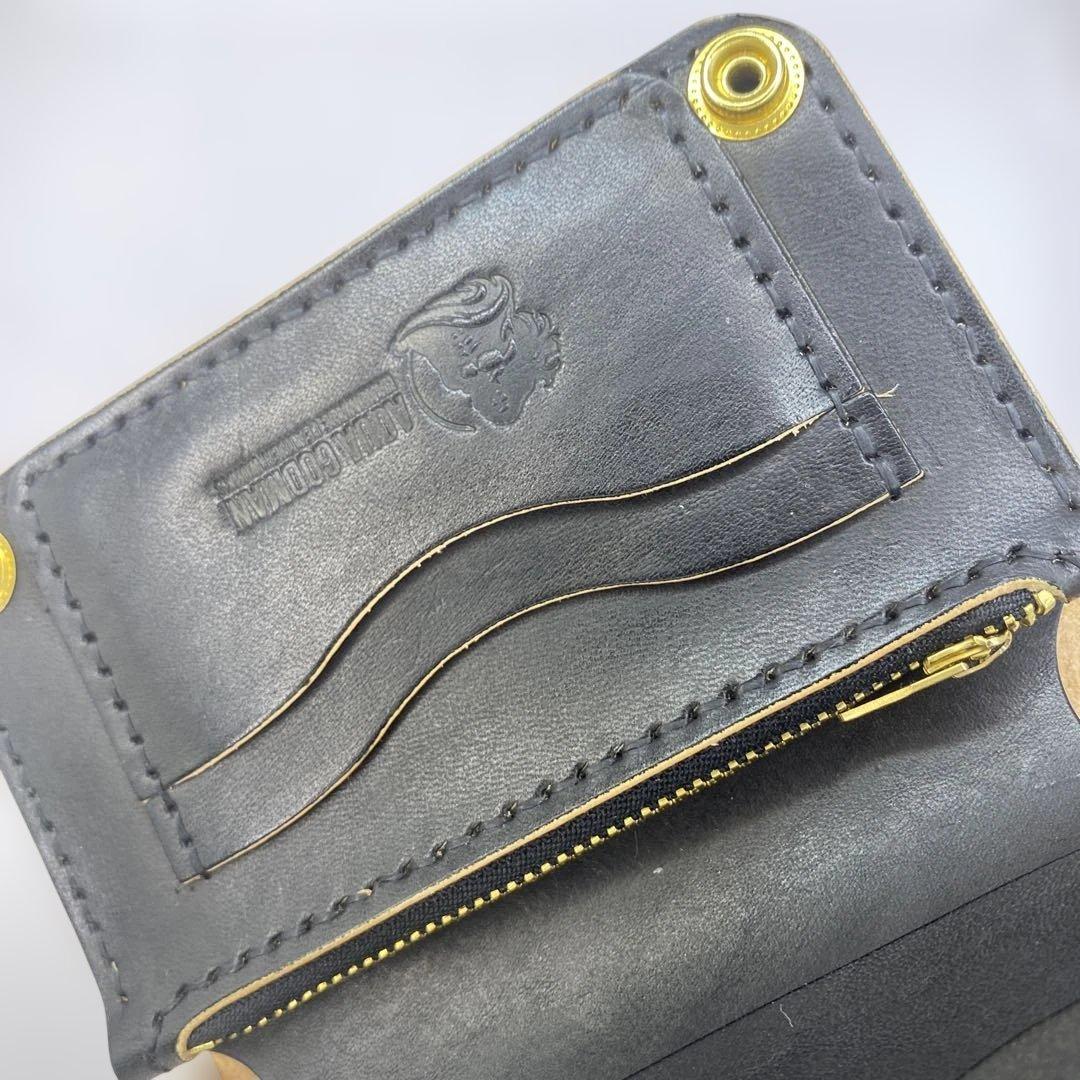 【無骨x上質 お札折らず収納】 丘染めブラック 手染めミドルトラッカーウォレット