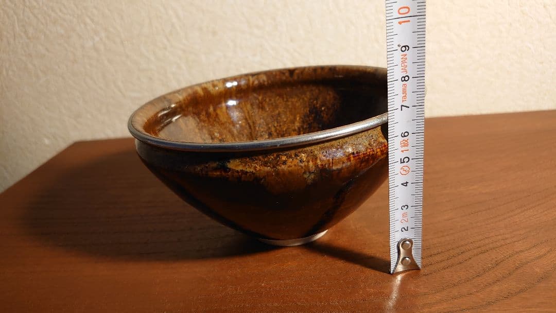 天目茶碗　銀縁 抹茶碗　茶道具　お碗　飴釉　李朝　古玩　アンティーク陶器　１客