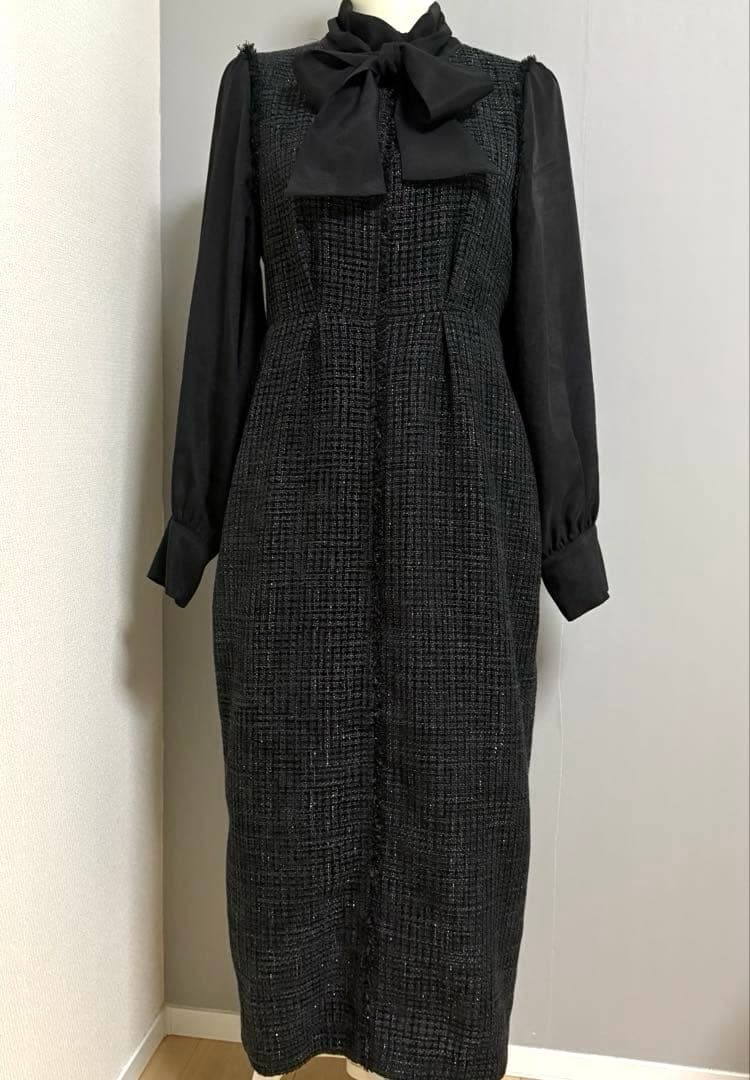 ルイルエブティック　ミックスツイードコンビ・ ロングナローワンピースドレス 黒L