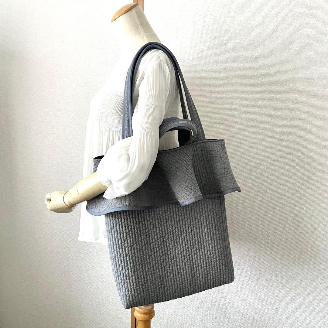 ヌビ　フリル縦型トートバッグ　肩掛け　大きめ　2way グレー　ハンドメイド