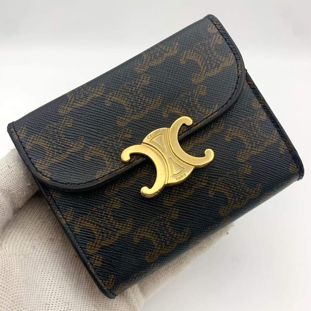 箱付き セリーヌ コンパクトウォレット 財布 トリオンフ フラップ 金具 総柄
