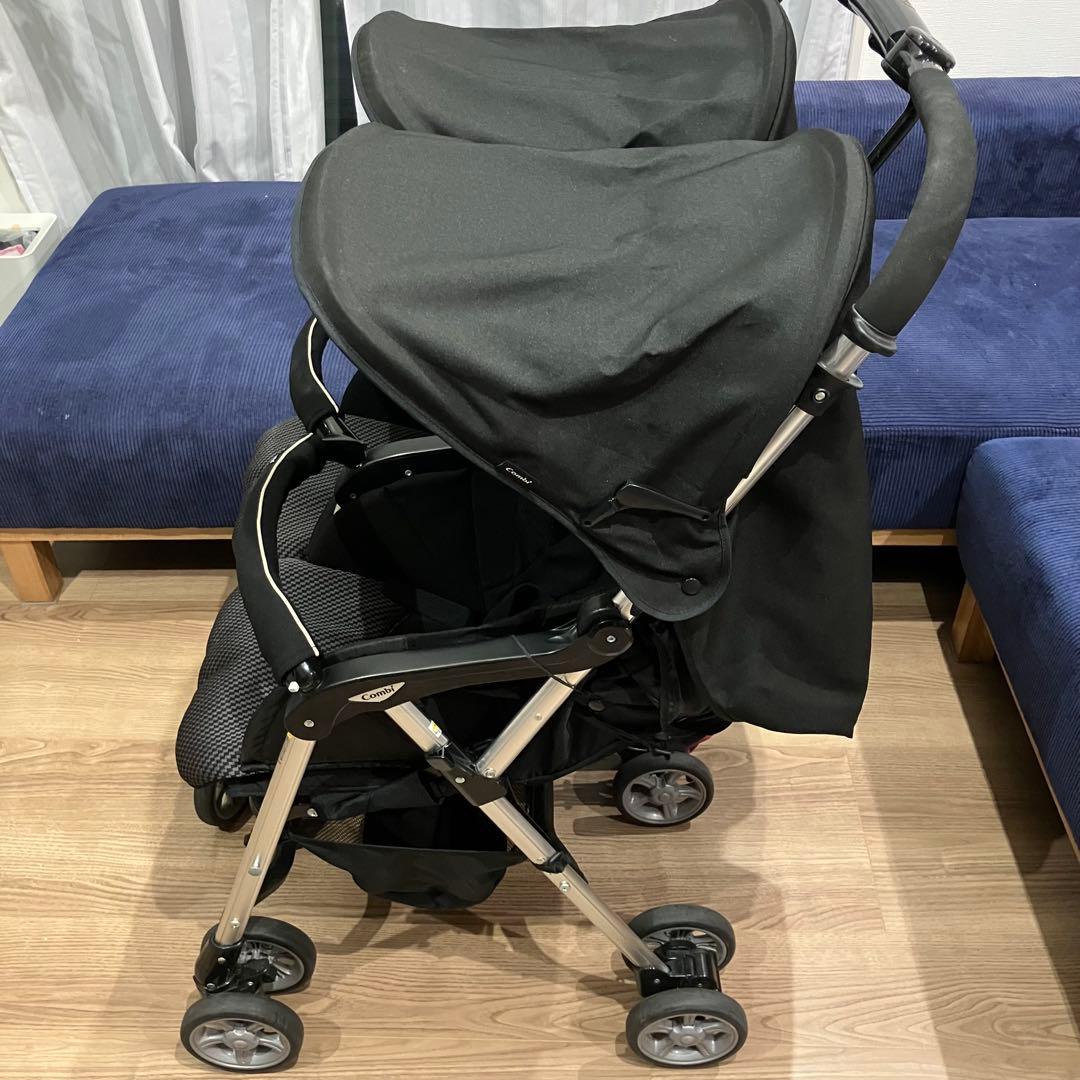 【にゃんこ】Combiコンビツインスピン　2人乗り双子ベビーカー雨カバー付