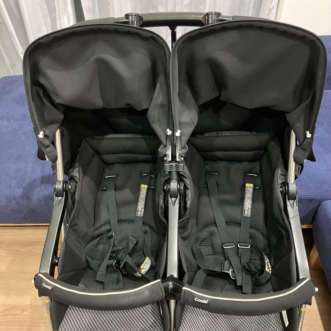 【にゃんこ】Combiコンビツインスピン　2人乗り双子ベビーカー雨カバー付