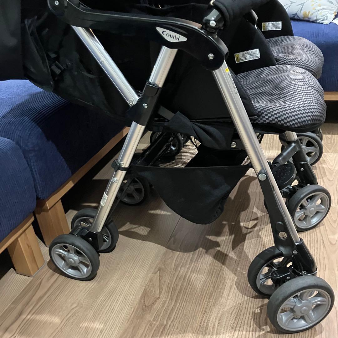 【にゃんこ】Combiコンビツインスピン　2人乗り双子ベビーカー雨カバー付