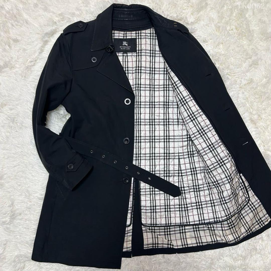 【美品/LL】バーバリーブラックレーベル トレンチコート ノバチェック 黒 比翼