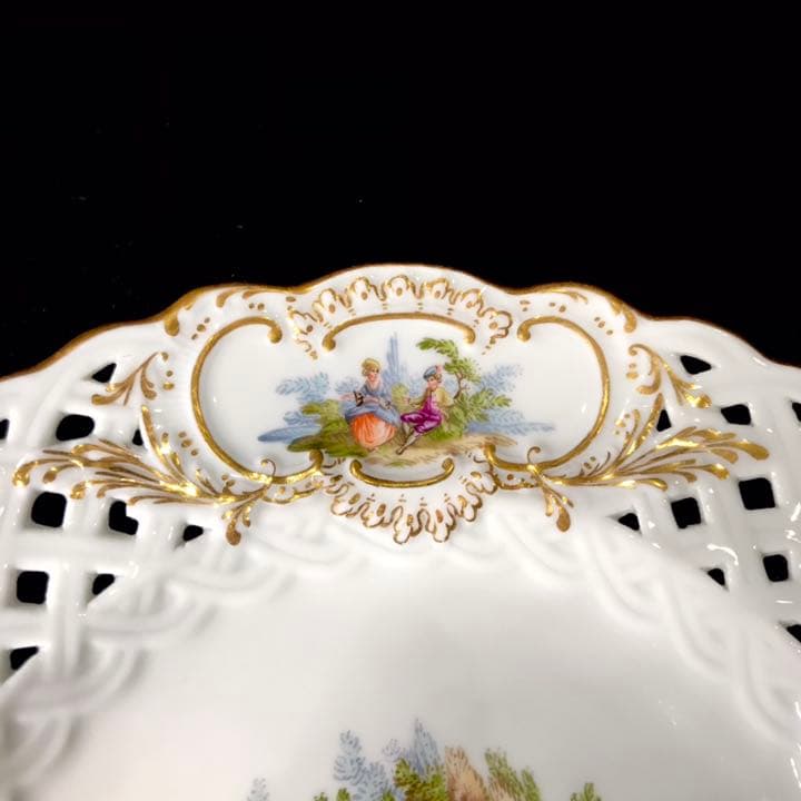 Meissen古マイセン/※美術館級 超レア1級品 ワトー上級4面絵付透かし皿D