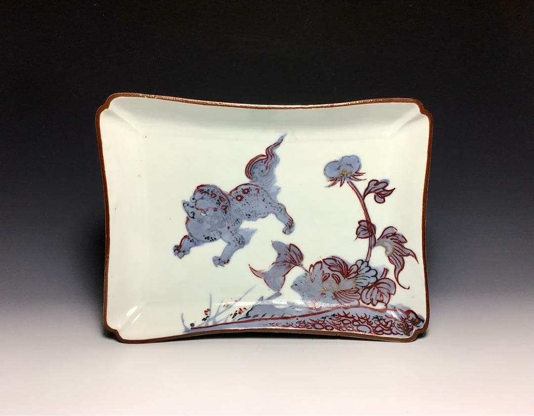 こ「古九谷」金銀彩唐獅子牡丹文角皿 (完品)