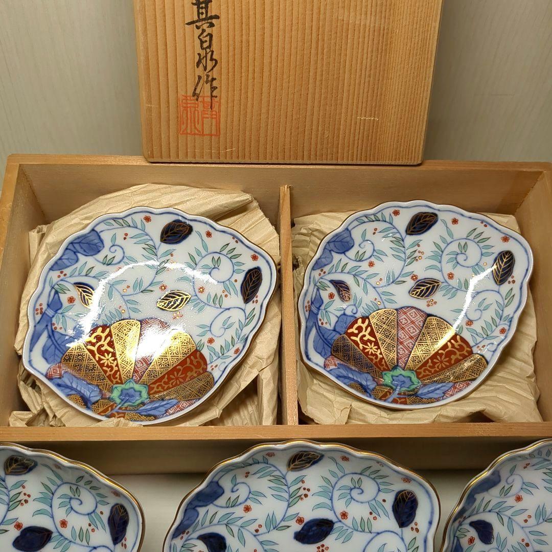 賞美堂　其泉窯　鮑型　金彩色絵菊花唐草紋　和皿揃　小皿揃　銘々皿５枚