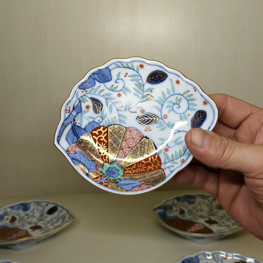 賞美堂　其泉窯　鮑型　金彩色絵菊花唐草紋　和皿揃　小皿揃　銘々皿５枚