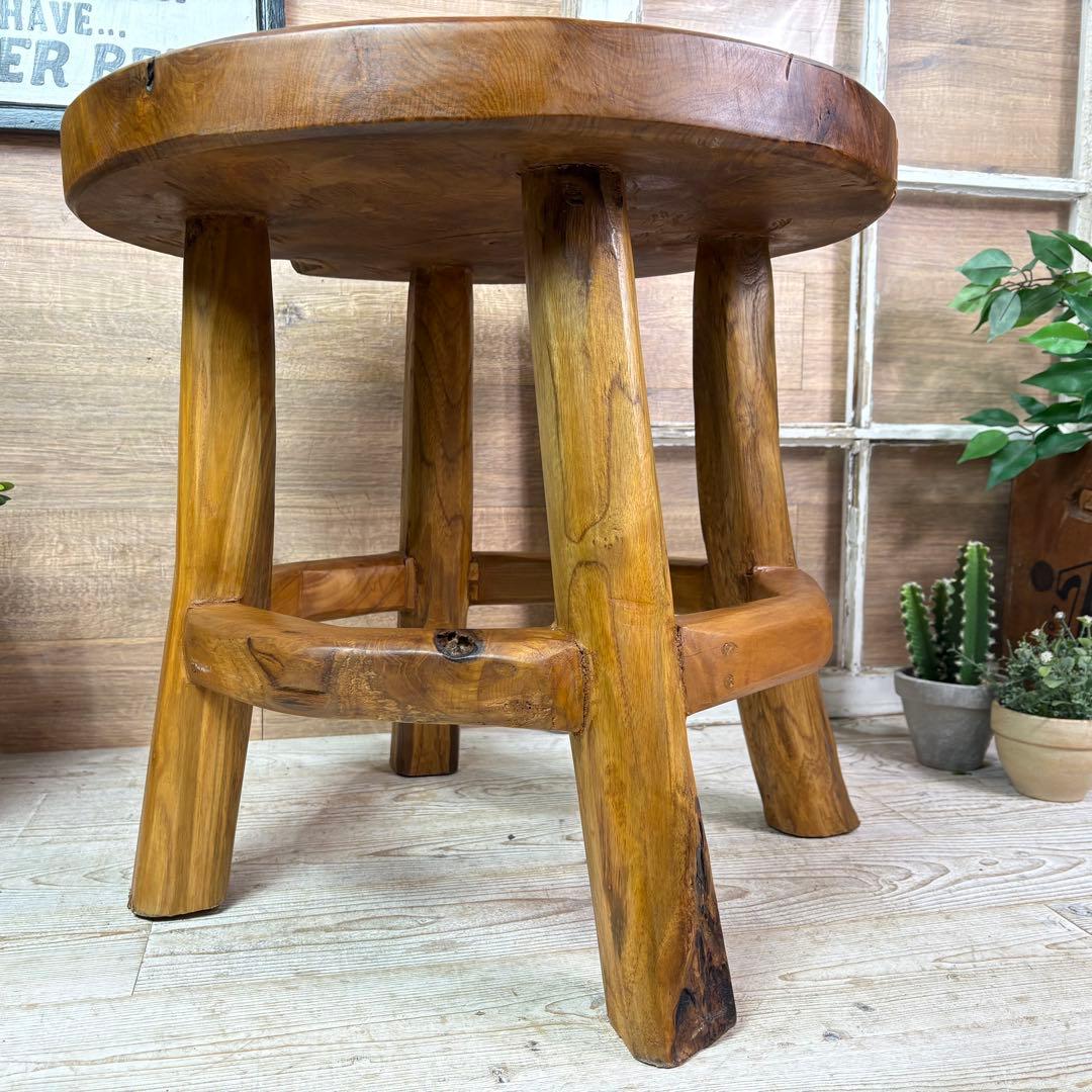 オールドチーク天然無垢材木製創作極太サイドテーブル L（直径55㎝）ウッド飾り台