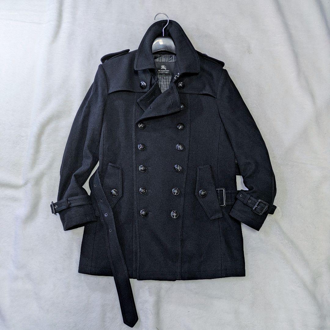 バーバリーブラックレーベル ナポレオンコートカシミヤ混 ホースロゴ 黒M