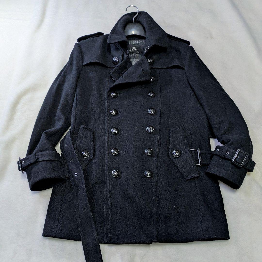 バーバリーブラックレーベル ナポレオンコートカシミヤ混 ホースロゴ 黒M