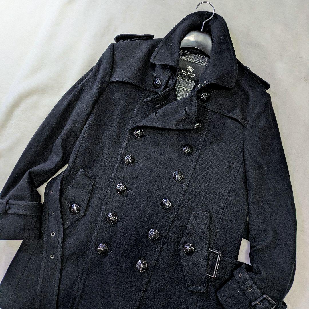 バーバリーブラックレーベル ナポレオンコートカシミヤ混 ホースロゴ 黒M