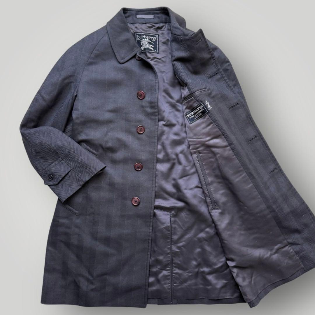 カシミヤ混 BURBERRY ステンカラーコート ストライプ ネイビー 濃紺