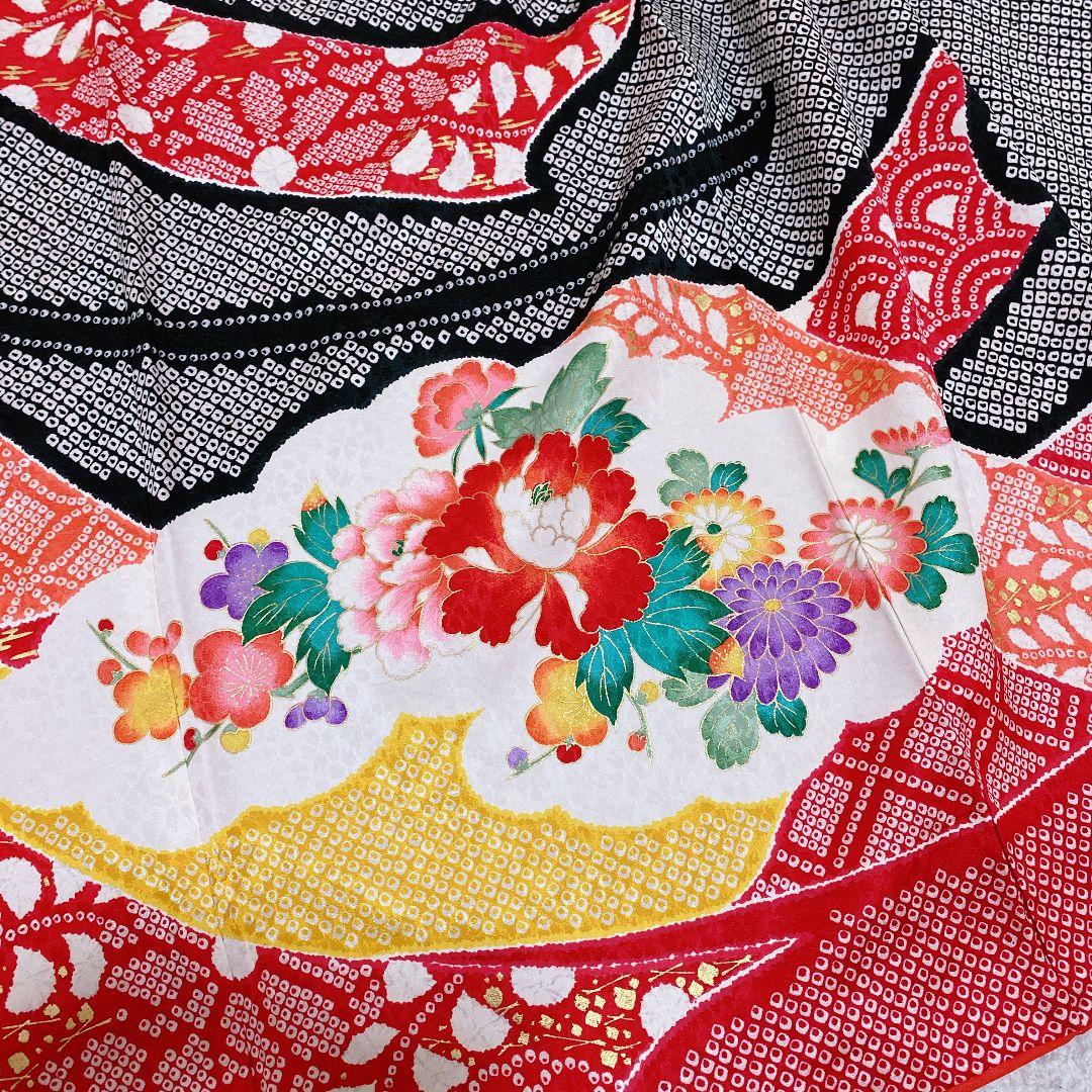 七五三 7歳 正絹 着物 作り帯 バッグ 草履 フルセット 絞り調 黒 赤