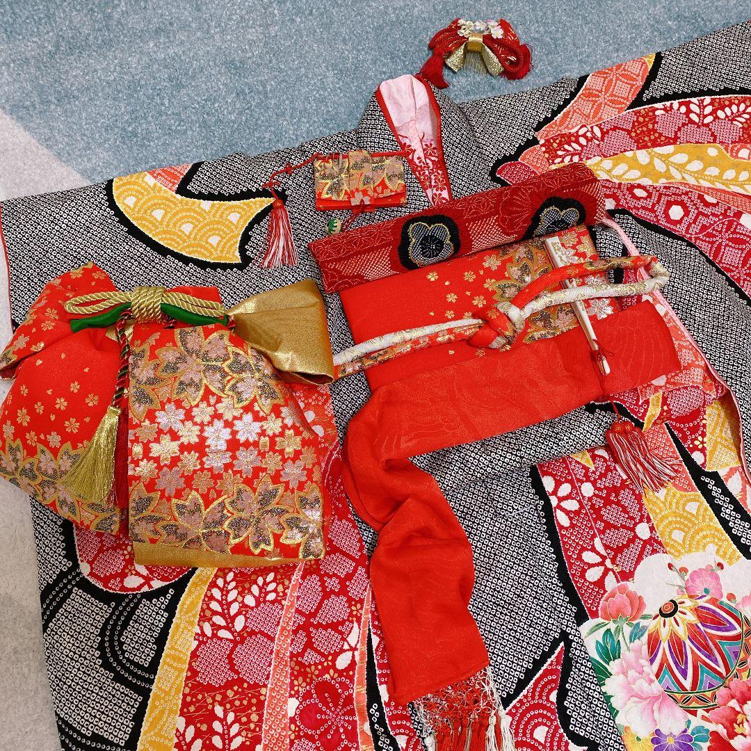 七五三 7歳 正絹 着物 作り帯 バッグ 草履 フルセット 絞り調 黒 赤