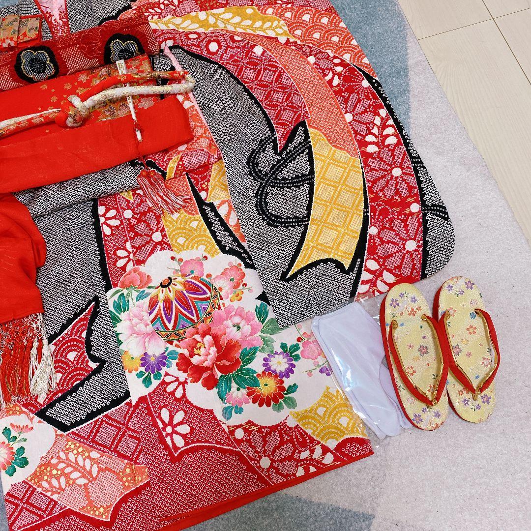 七五三 7歳 正絹 着物 作り帯 バッグ 草履 フルセット 絞り調 黒 赤