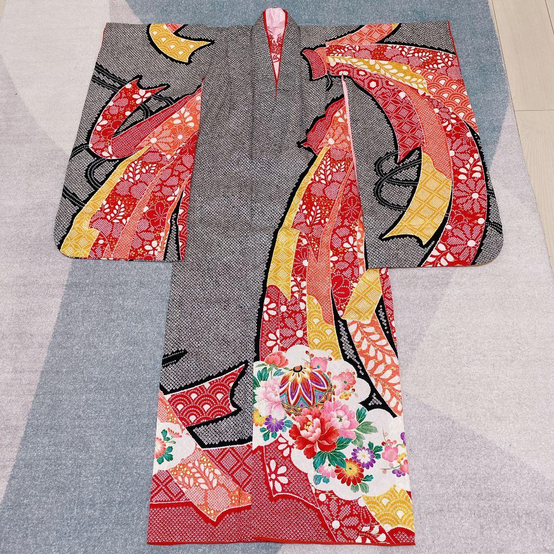 七五三 7歳 正絹 着物 作り帯 バッグ 草履 フルセット 絞り調 黒 赤