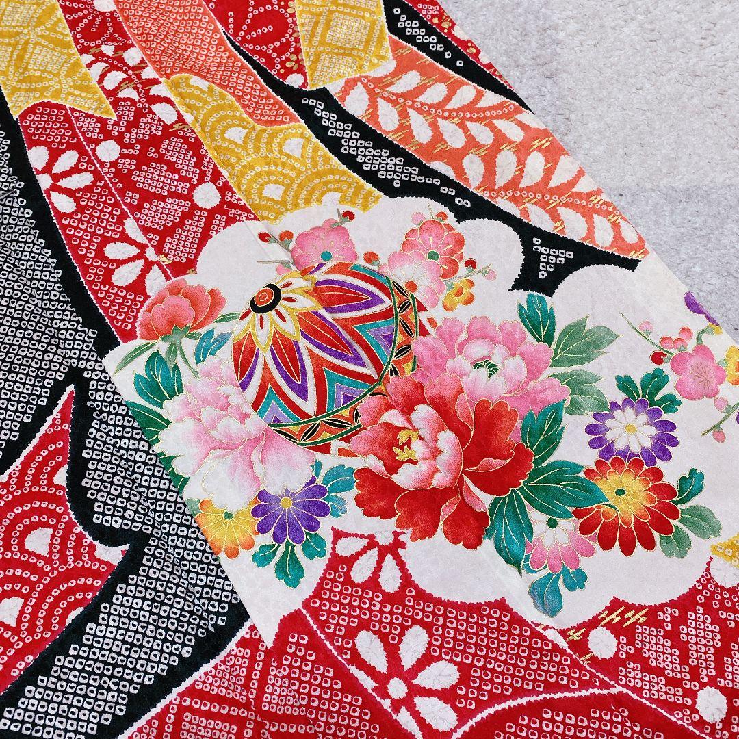 七五三 7歳 正絹 着物 作り帯 バッグ 草履 フルセット 絞り調 黒 赤