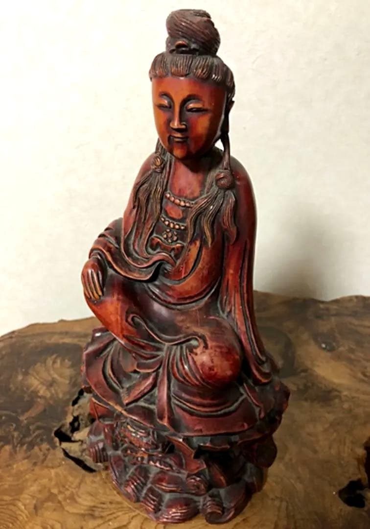 中国仏教美術 古木 一刀彫 蓮乗観音菩薩