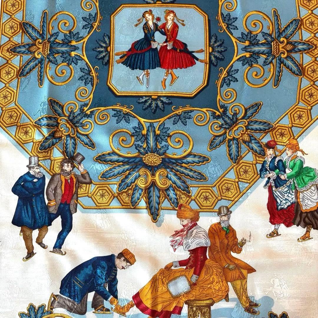 希少 美品 エルメス シルクスカーフ カレ90 冬の愉しみ ブルー HERMES