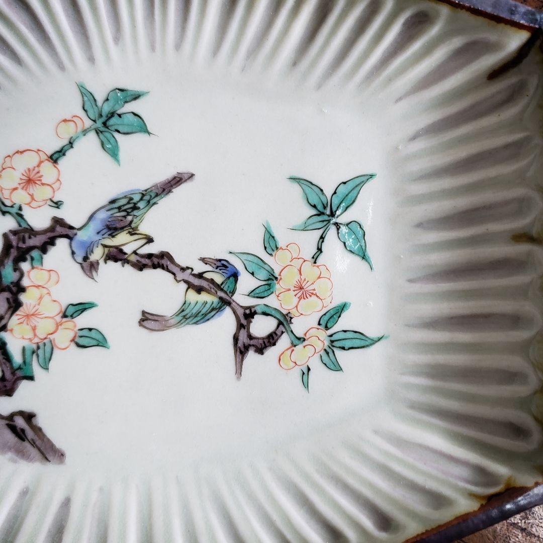 変形皿 角皿 舟形 古九谷 色絵付 鳥 梅 明治 大正 銘 角福 欠け ハ号