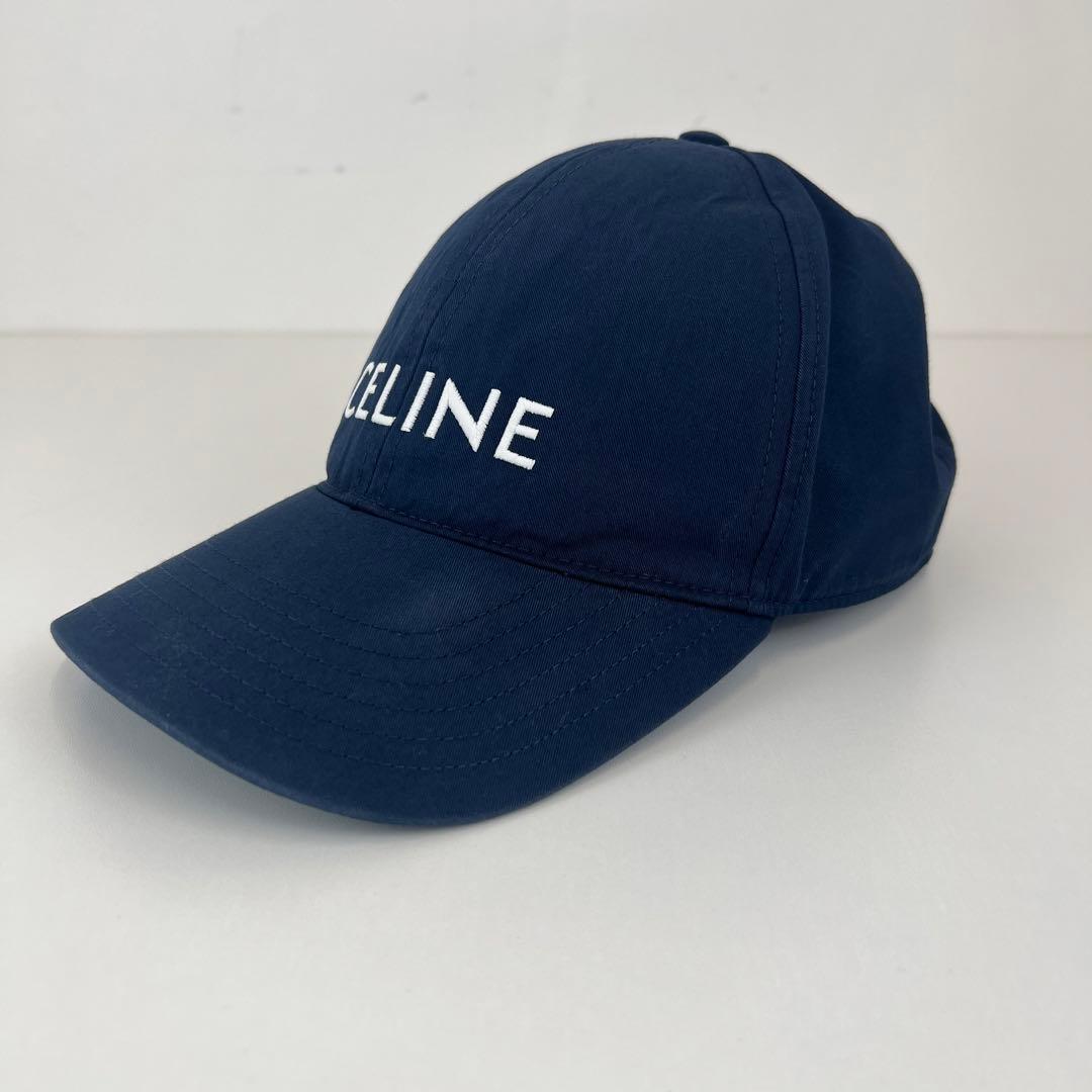 美品　CELINE セリーヌ キャップ 帽子　コットン　ネイビー　ロゴ　刺繍　S