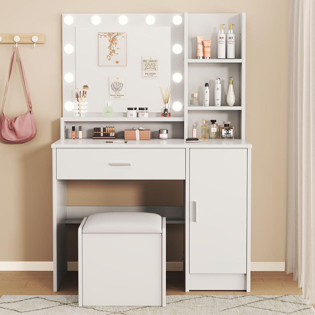(期間セール)❗️ドレッサー　おしゃれ　コンパクト　3色LEDライト付スツール付