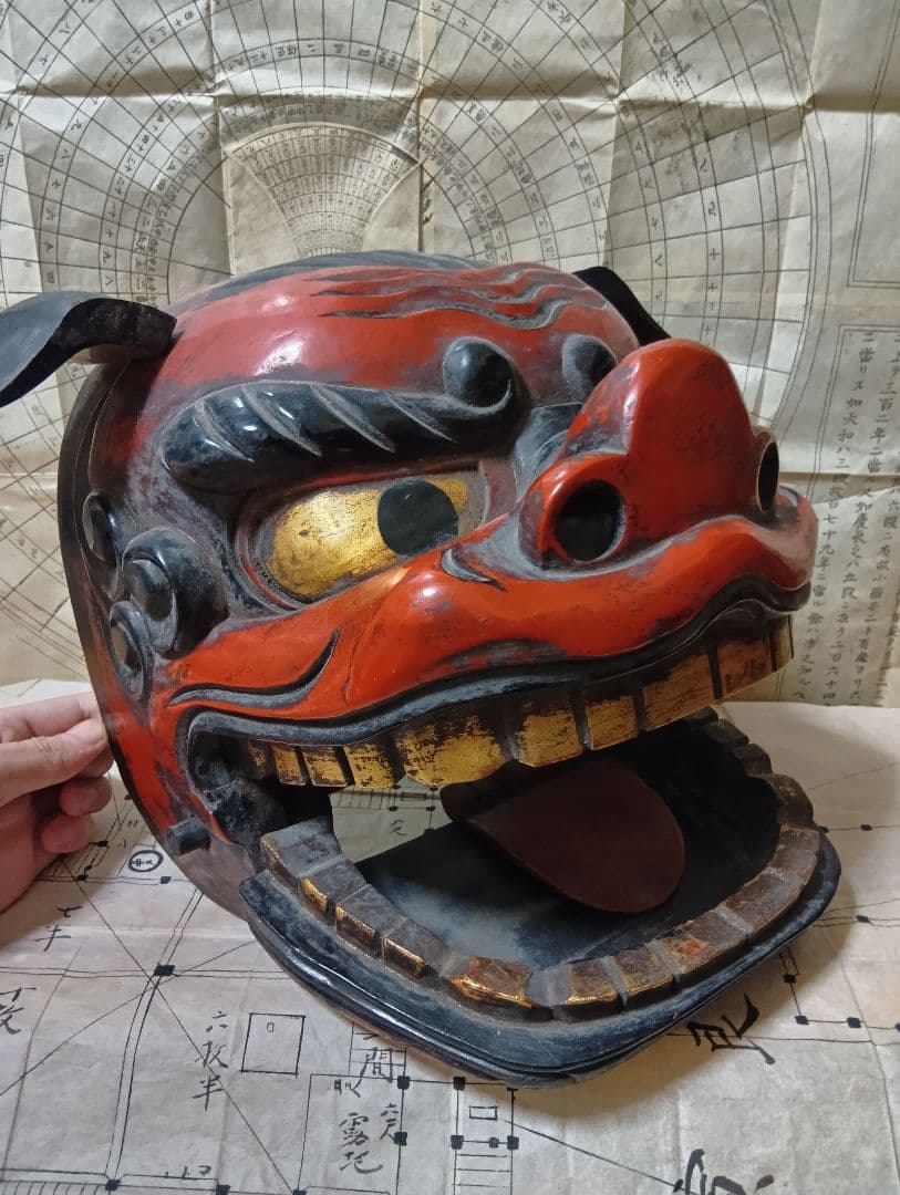 獅子頭 木彫り 獅子舞 置物 伝統芸能 祭り 魔除け 時代物 古美術