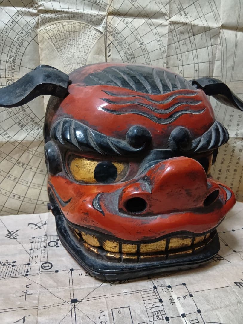 獅子頭 木彫り 獅子舞 置物 伝統芸能 祭り 魔除け 時代物 古美術