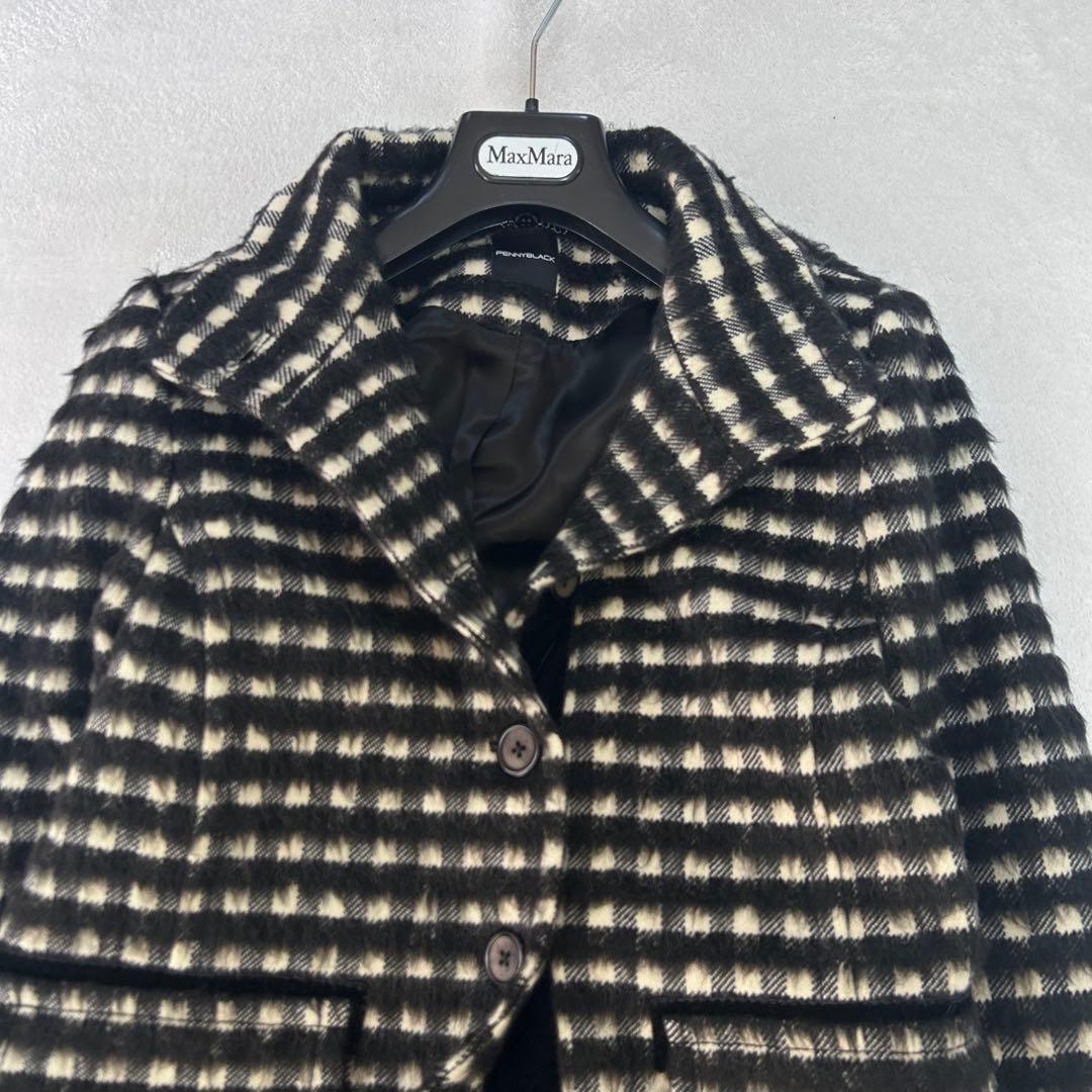 美品✨ペニーブラック　カシミヤ　モヘア　チェック　スタンドカラーシャギーコート