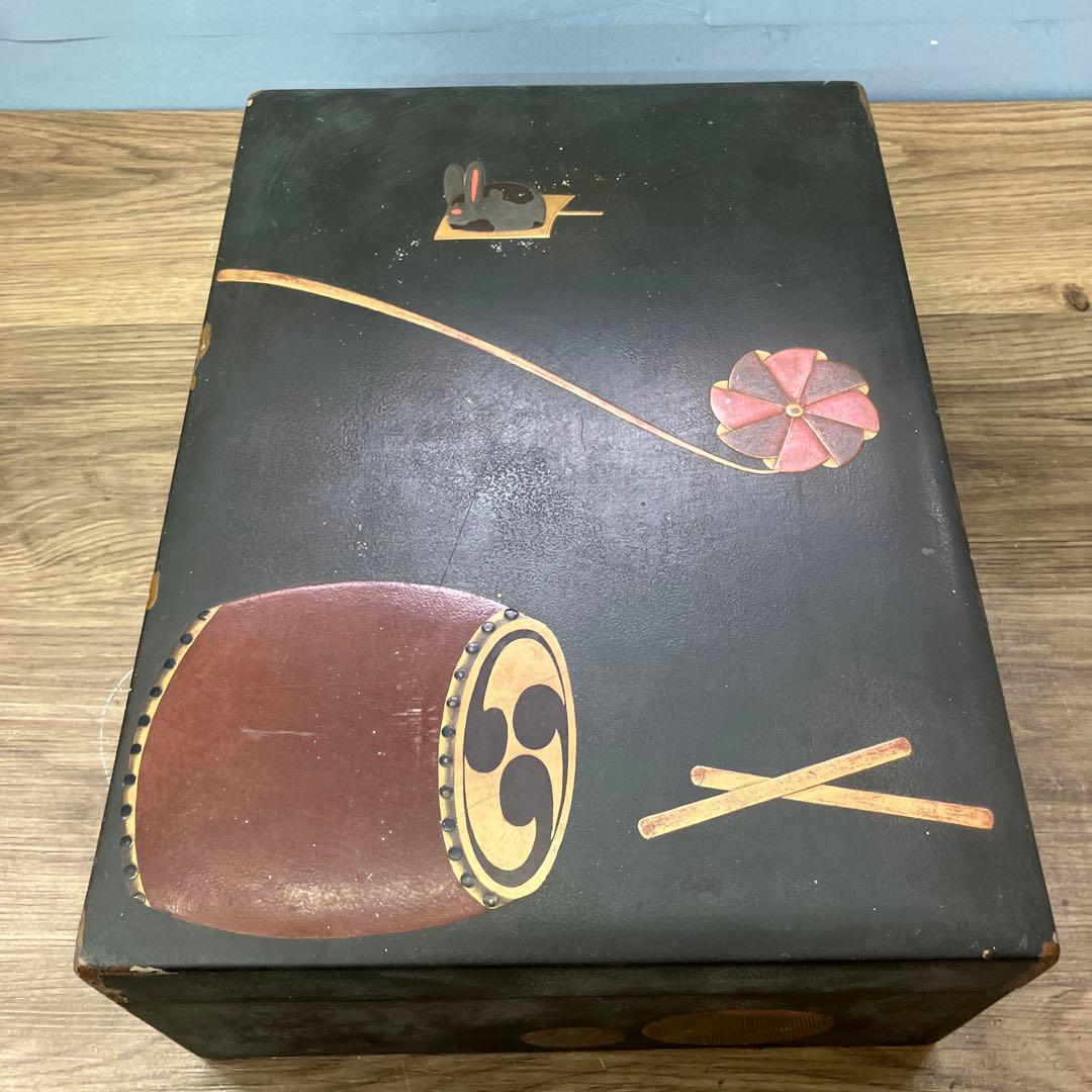 4F 文箱 文庫 漆器 蒔絵 太鼓 ウサギ 風車 玩具 骨董 アンティーク 玩具