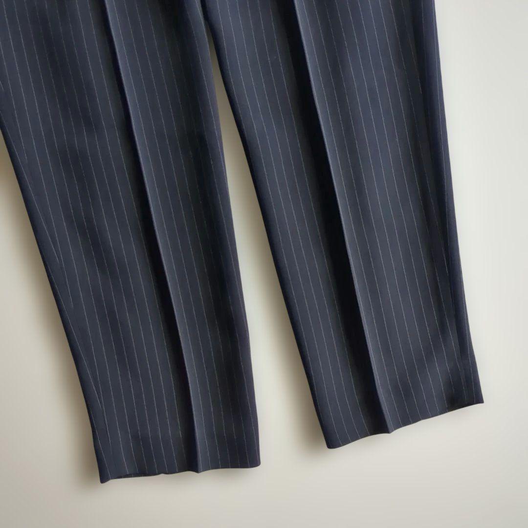 極美品★プラステ パンツスーツ カラーレス テーパードパンツ ストライプ 紺 M