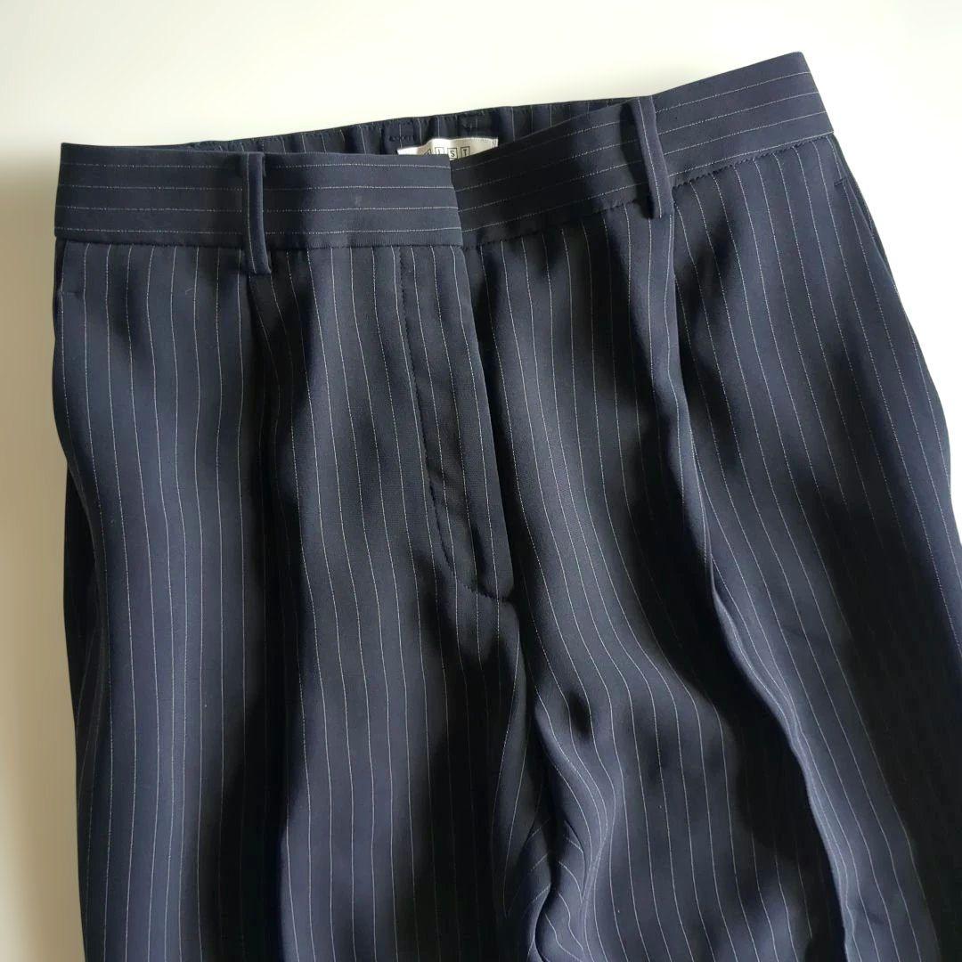 極美品★プラステ パンツスーツ カラーレス テーパードパンツ ストライプ 紺 M