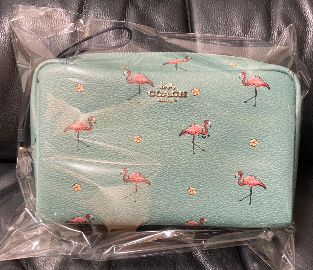 COACH コーチ コスメ ポーチ フラミンゴ エメラルドグリーン