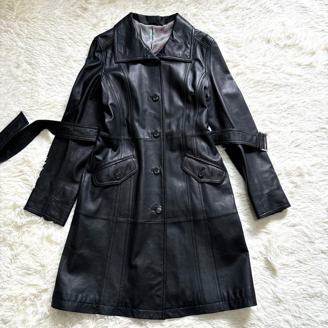 スペイン製✨BELLUCCI ラムレザー ステンカラーコート M 黒 ベルト付き
