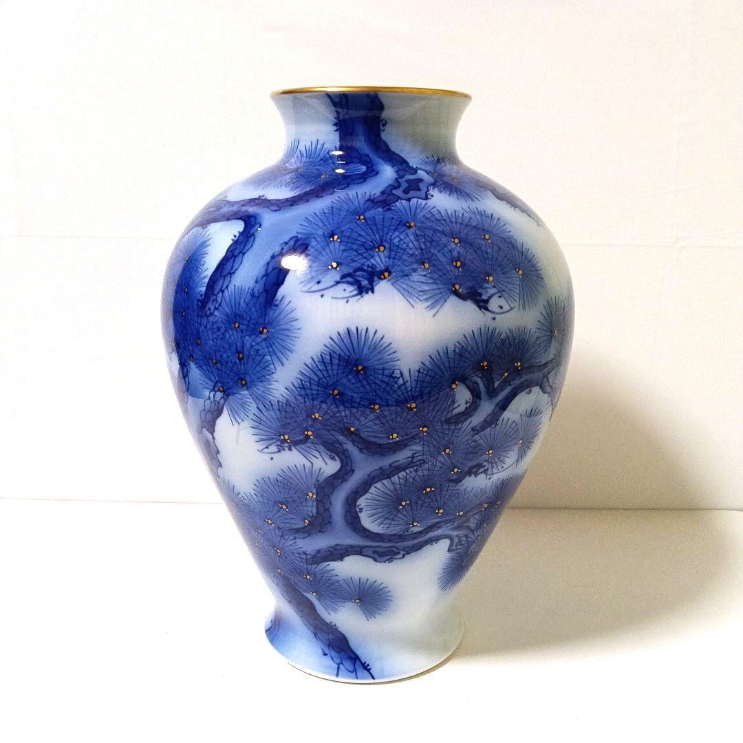 美品 香蘭社 磁藝工房謹製 染付金彩 壺松染錦模老松文 大型花瓶