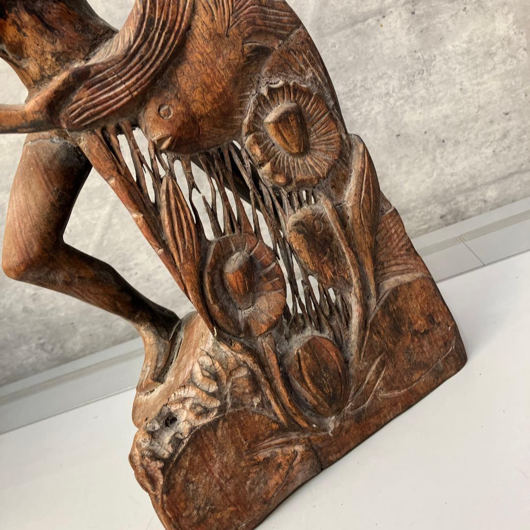 エスニック アジアン 木製 木彫り 工芸品 漁師 男 網漁 投網 置物 オブジェ