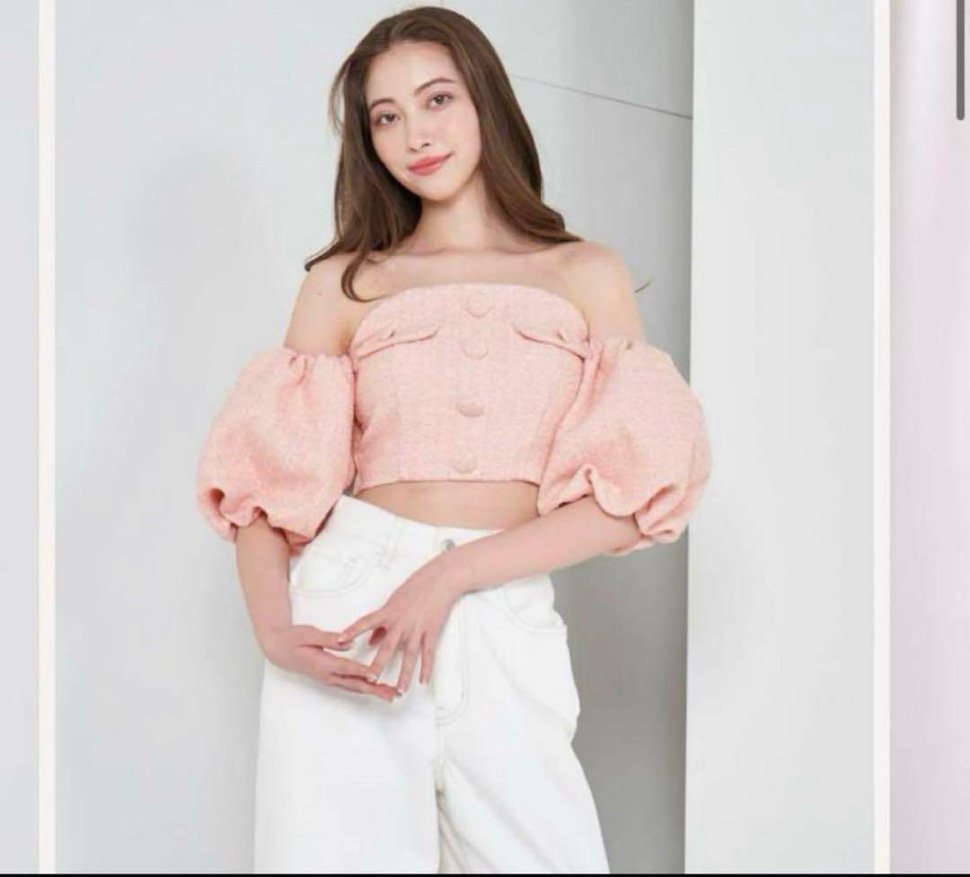 darich Darich パフスリーブオフショルツイードトップス　PINK