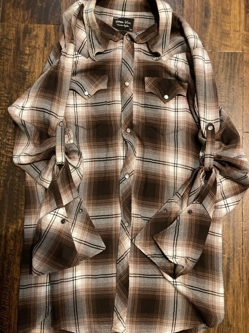 ナンバーナイン　レーヨン　オンブレロング丈チェックシャツ　ブラウン　3