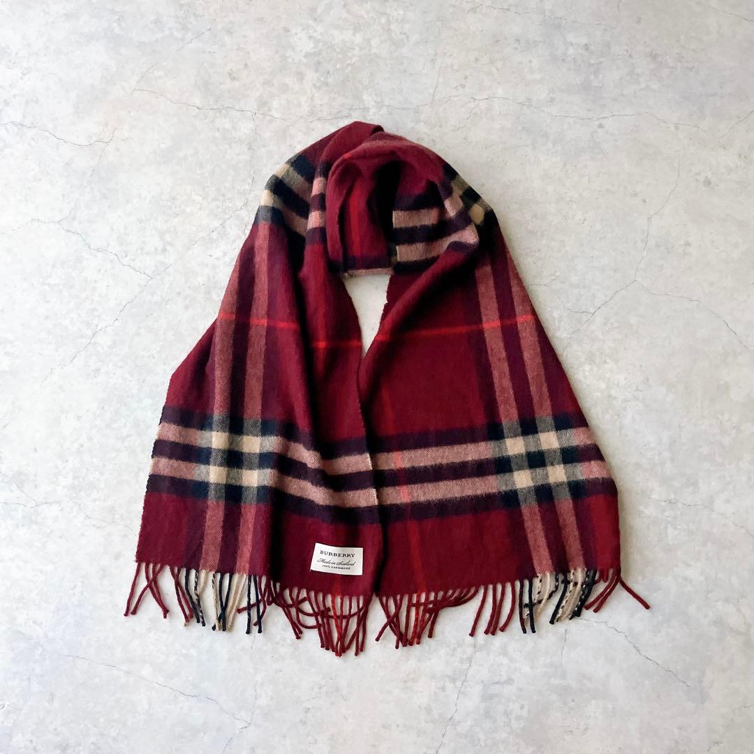 BURBERRY カシミヤ100% バーガンディ チェックマフラー バーバリー