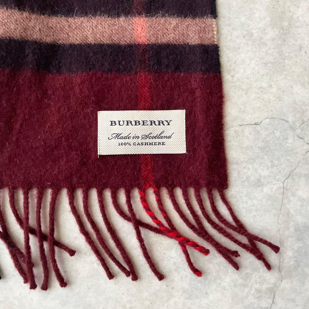 BURBERRY カシミヤ100% バーガンディ チェックマフラー バーバリー