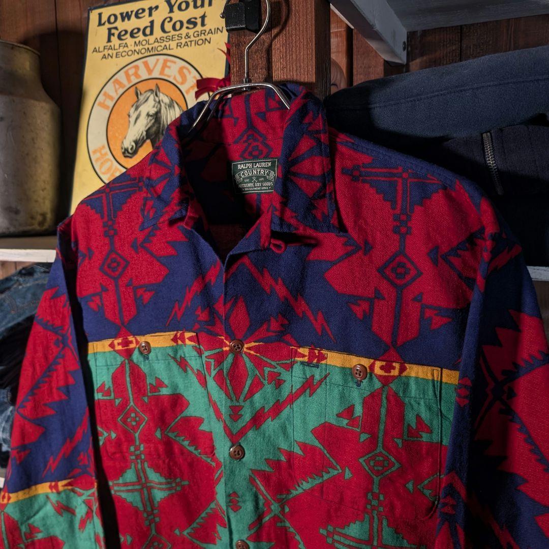 90s　ラルフローレン　ポロカントリー　ネイティブ柄　長袖　アロハシャツ　XL
