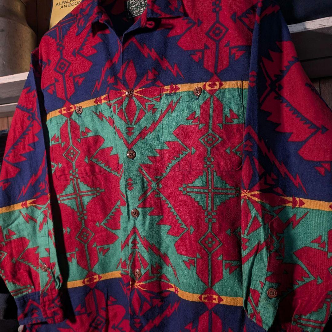 90s　ラルフローレン　ポロカントリー　ネイティブ柄　長袖　アロハシャツ　XL