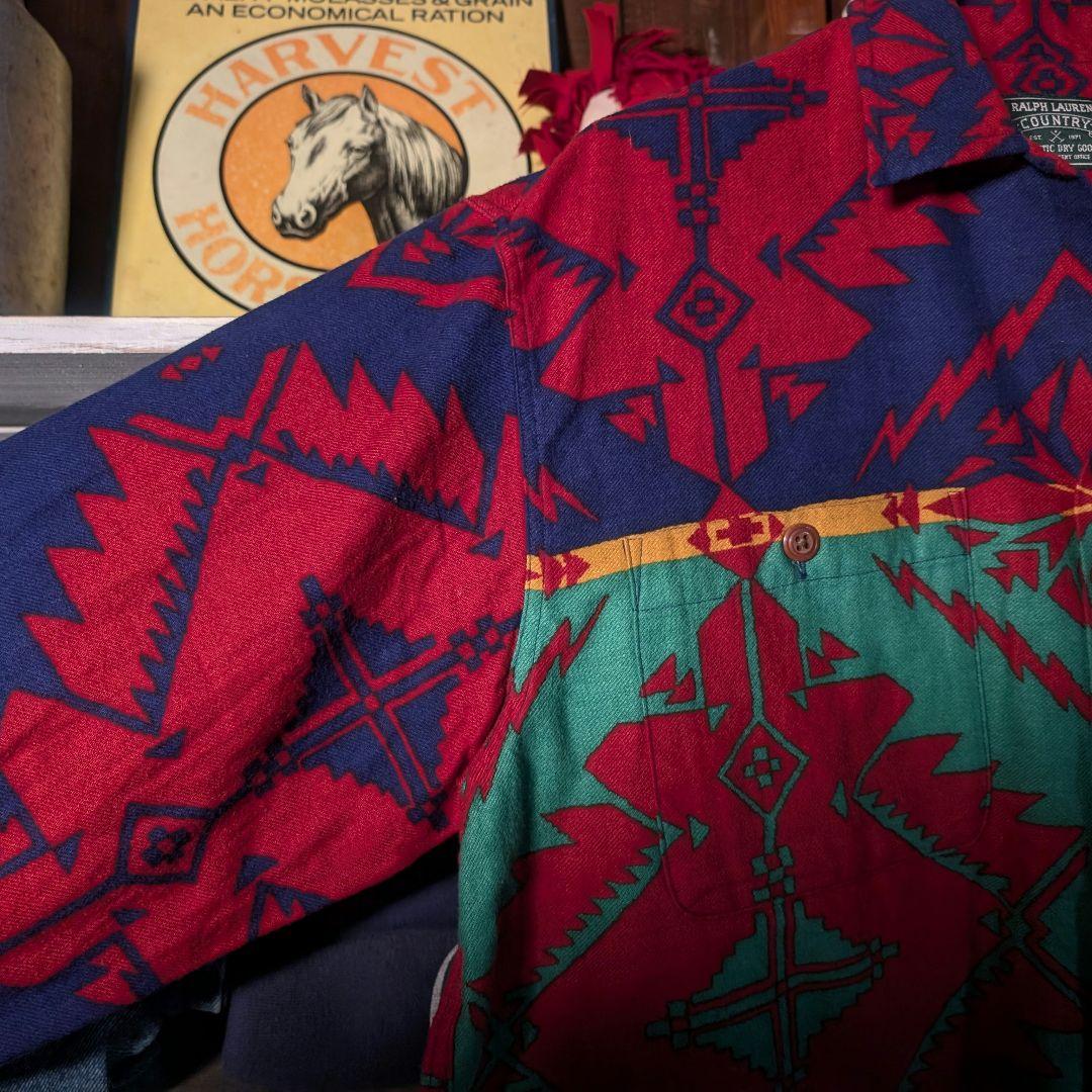 90s　ラルフローレン　ポロカントリー　ネイティブ柄　長袖　アロハシャツ　XL