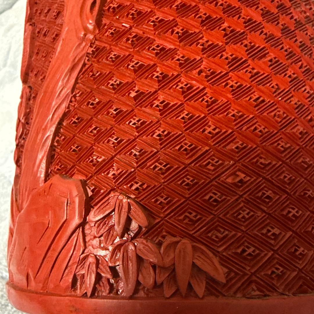 中国美術堆朱彫刻鶴図木製筆立本物保証古唐物／彫漆／堆朱／花紋／煎茶道具／書道具