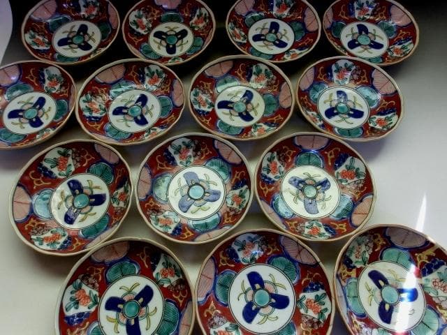 鉢■なます皿14客 赤絵 膾皿 赤絵鉢 窓絵花唐草 蛇の目 明治期 時代物 骨董