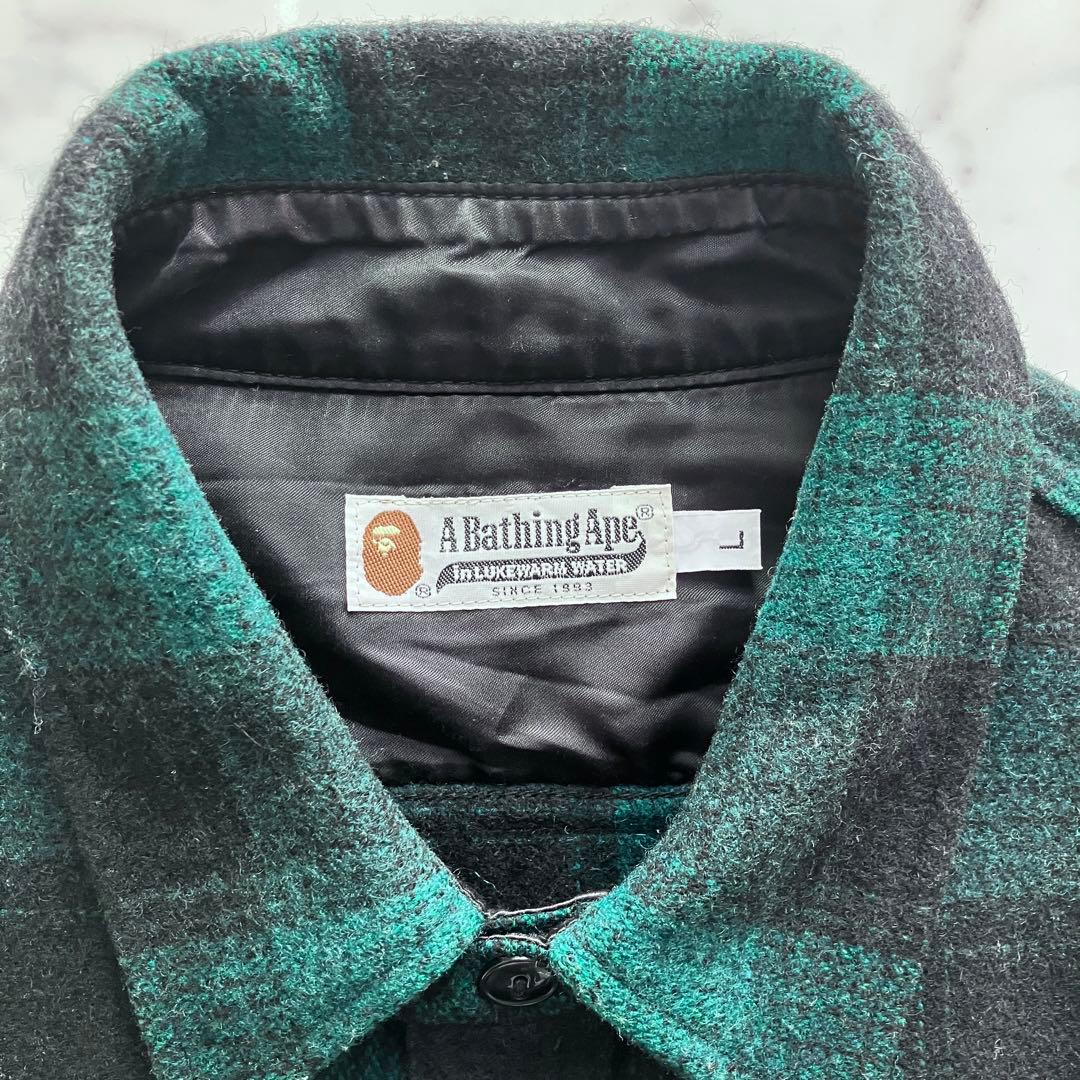 A BATHING APE ネルシャツ チェック柄 緑×黒 日本製 ウール混 L