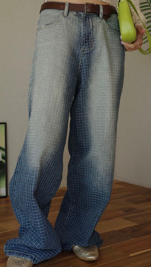 グラデーションブルー チェック柄 デニムパンツ osrs オリシス