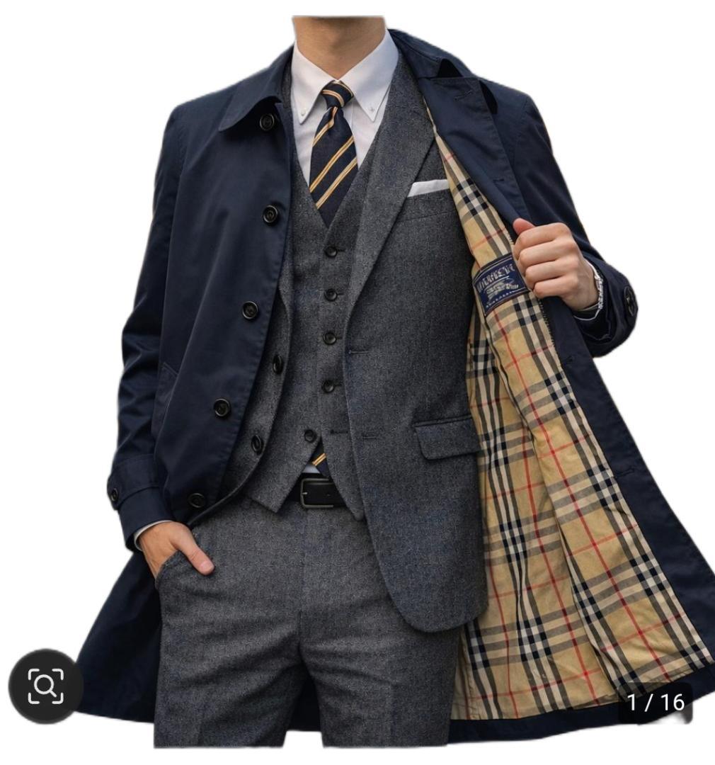 BURBERRYS London 英国製 濃紺ステンカラーコートノバチェック